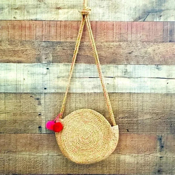 Handbags - NWOT Shiraleah Round Woven Neon W Pom Pom Crossbody